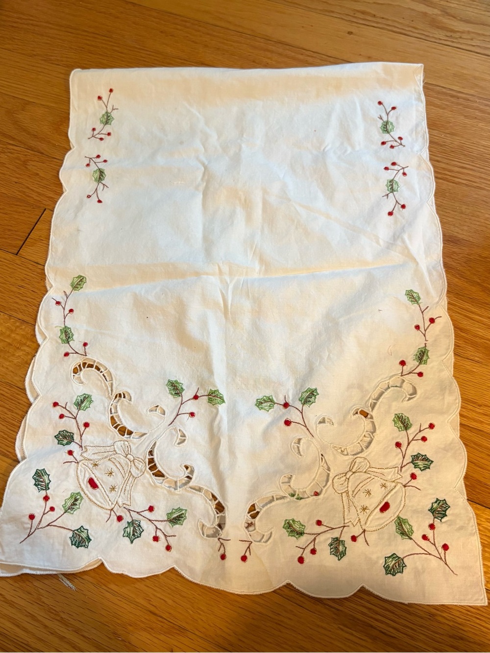 Embroidered Holly Linen Table Runner - White with Green & Red